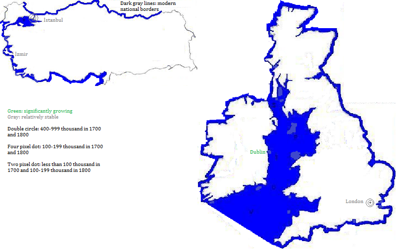 maps showing Türkiye, Great Britain and Éire cities 1700-1800