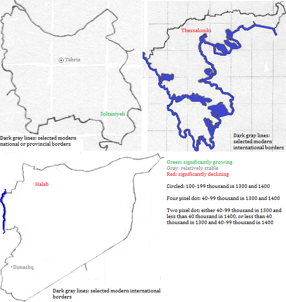 maps showing East Āzarbāijān-e, Zanjān, 'Ellas and Sūriyah cities, 1300-1400