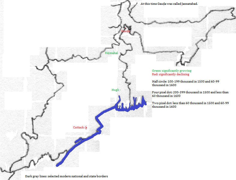map showing West Bengal, Odisha and Jharkhand cities, 1500-1600