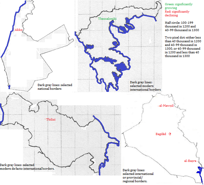 maps showing Yisra'el, 'Ellas, Sakartvelo and al-'Irāq cities 1200-1300