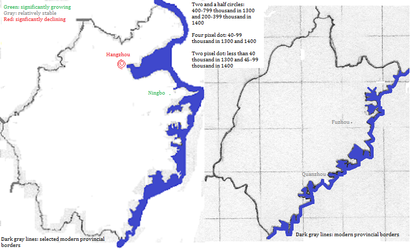 two maps showing Zhejiang and Fujian, 1300-1400