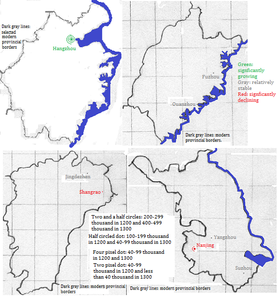 four maps showing Zhejiang, Fujian, Jiangxi and Jiangsu cities 1200-1300