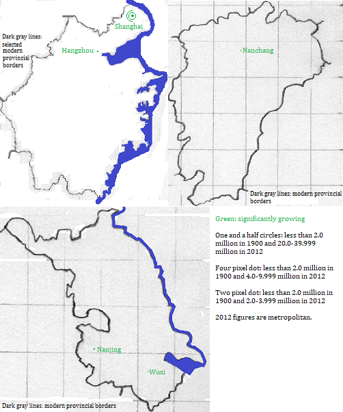 maps showing Shanghai, and Zhejiang, Jiangxi and Jiangsu cities 1900-2012
