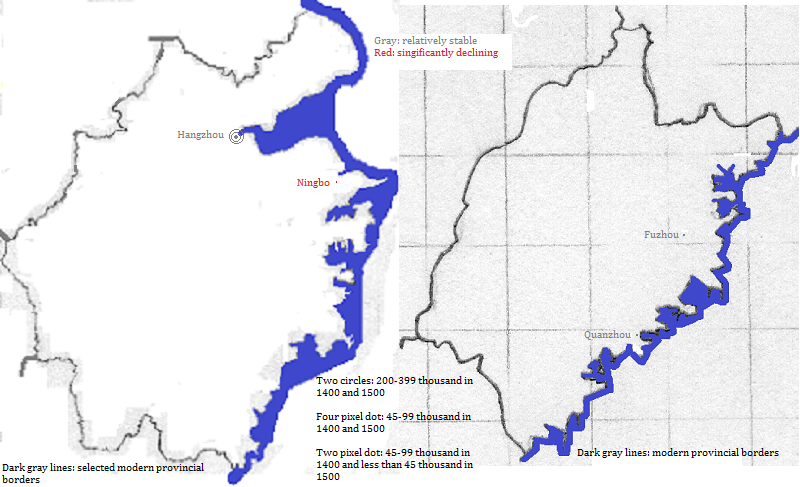 maps showing Zhejiang and Fujian, 1400-1500