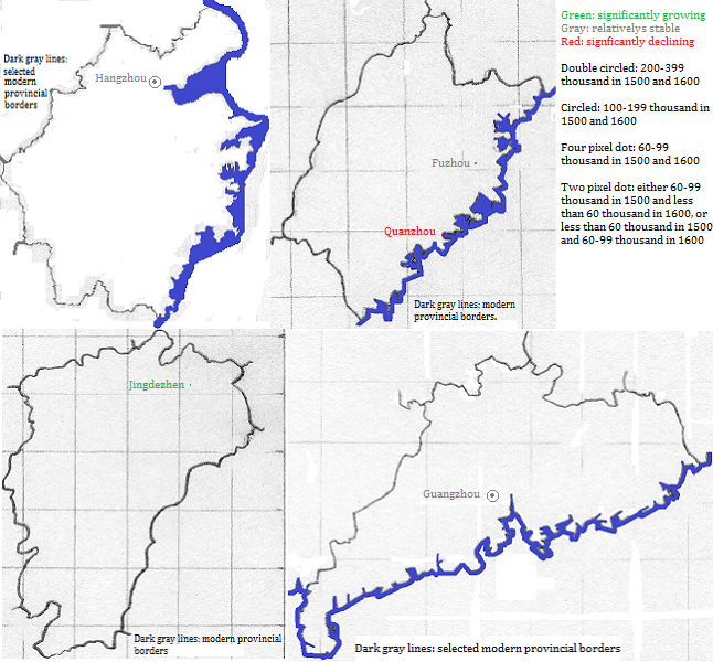 maps showing Zhejiang, Fujian, Jiangxi and Guangdong cities, 1500-1600