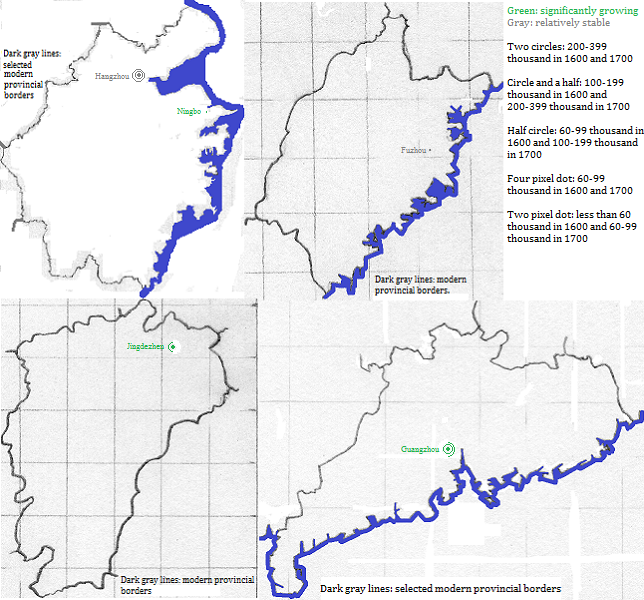 maps showing Zhejiang, Fujian, Jiangxi and Guangdong cities 1600-1700